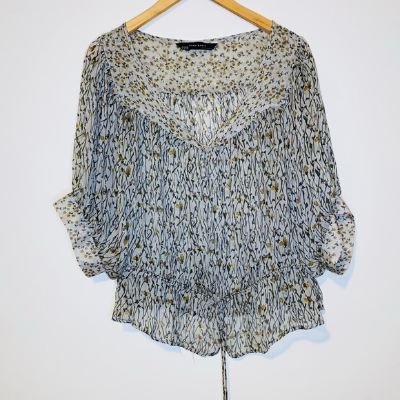 NWOT Zara Sage Floral Boho 100% Silk Sheer 3/4 Cuffed Sleeve Top Size M - Picture 10 of 11